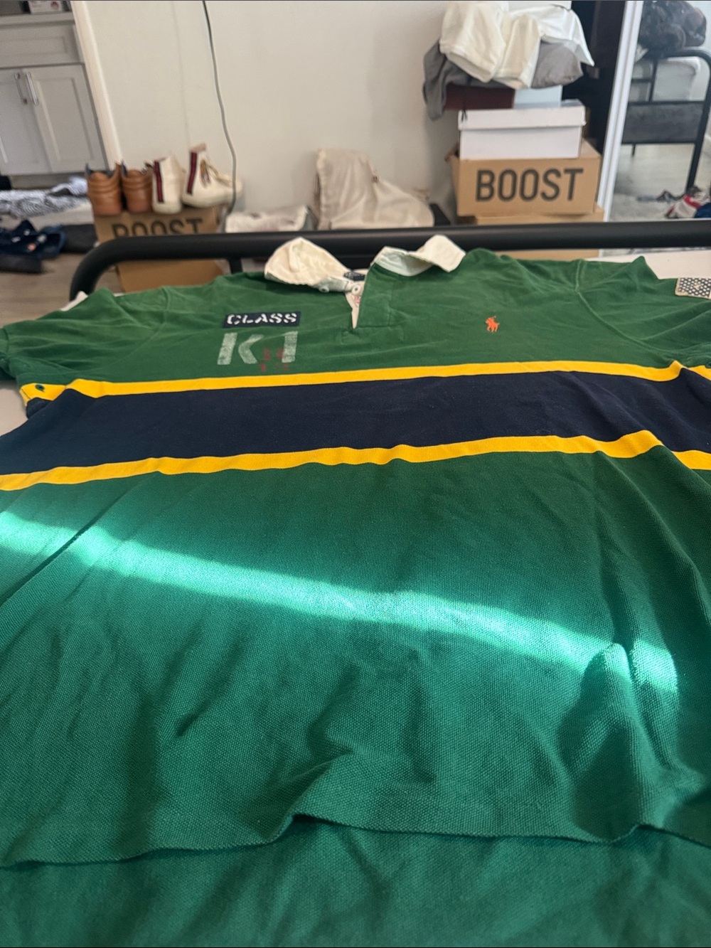 Polo by Ralph Lauren Green Rugby Shirt with Navy & Yellow Stripes - Picture 2 of 4